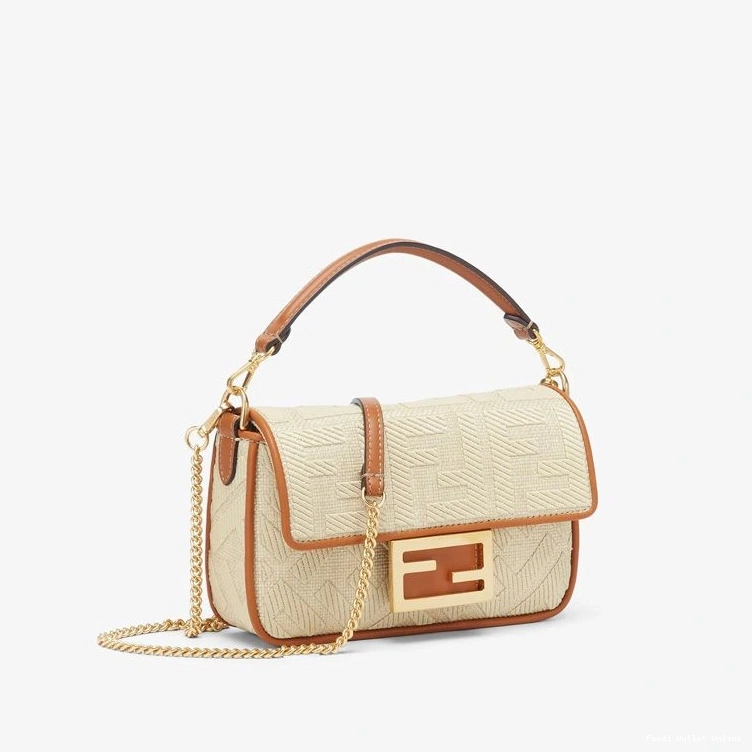 Cheap Mini Straw Baguette Beige Bag In Fendi Motif FF 0814